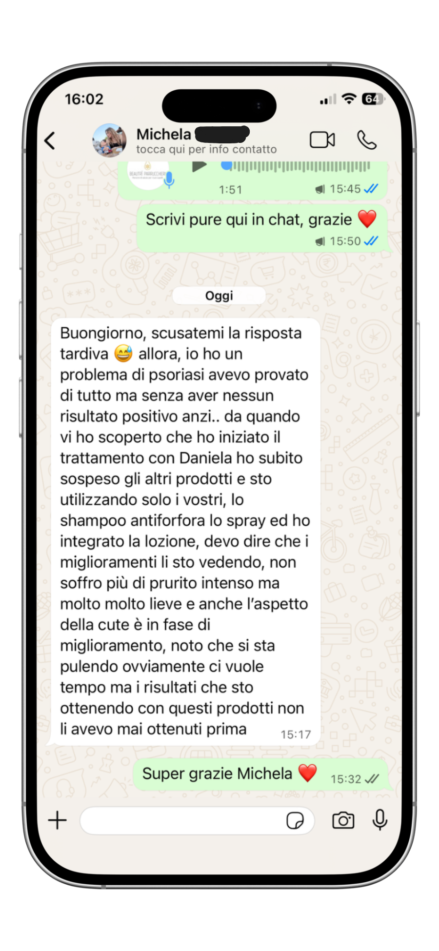 Recensione cliente Beautrì via WhatsApp