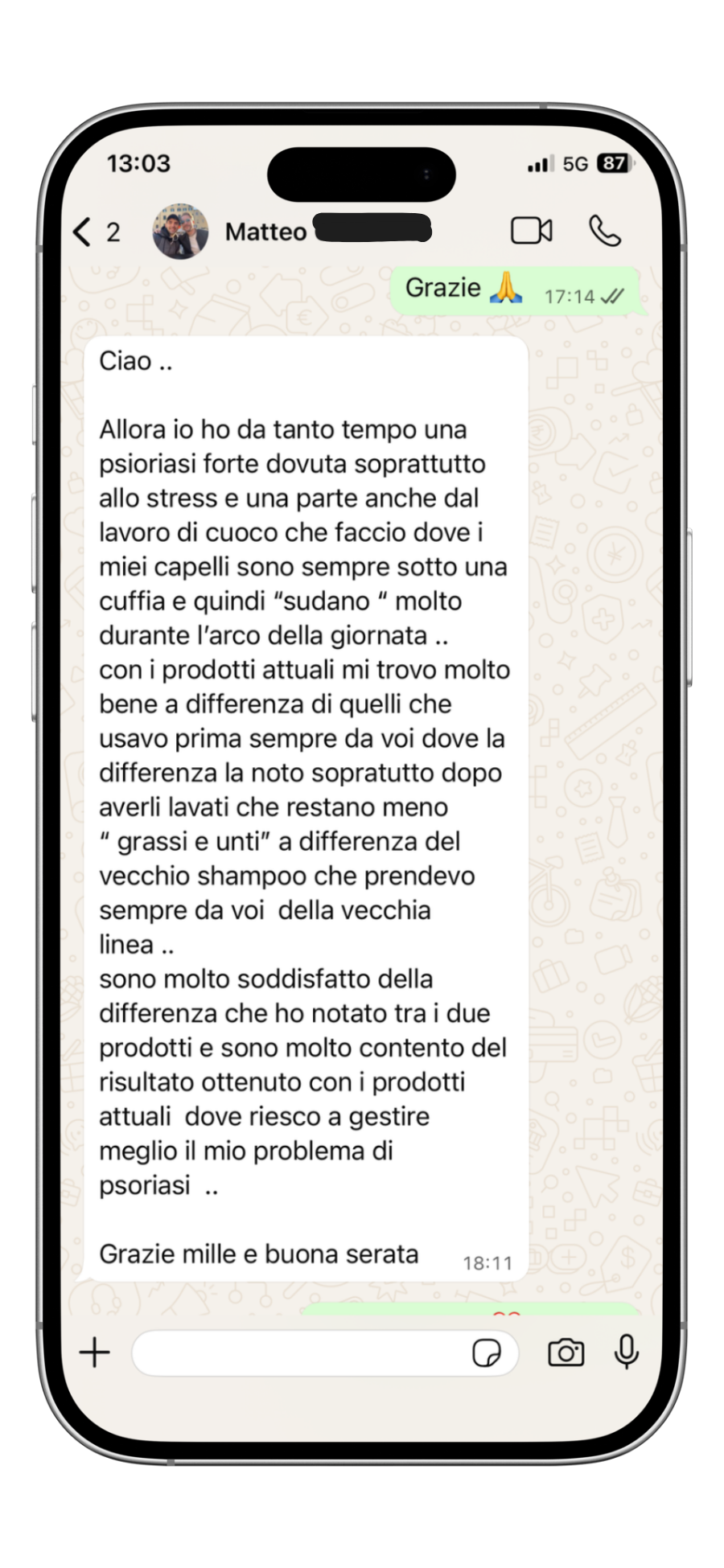 Recensione cliente Beautrì via WhatsApp