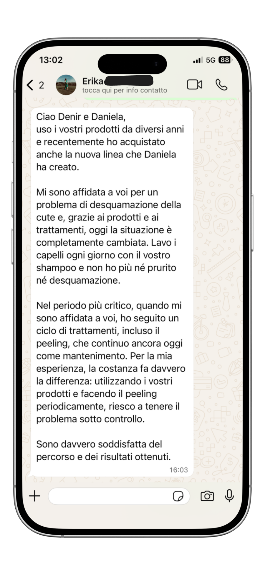 Recensione cliente Beautrì via WhatsApp