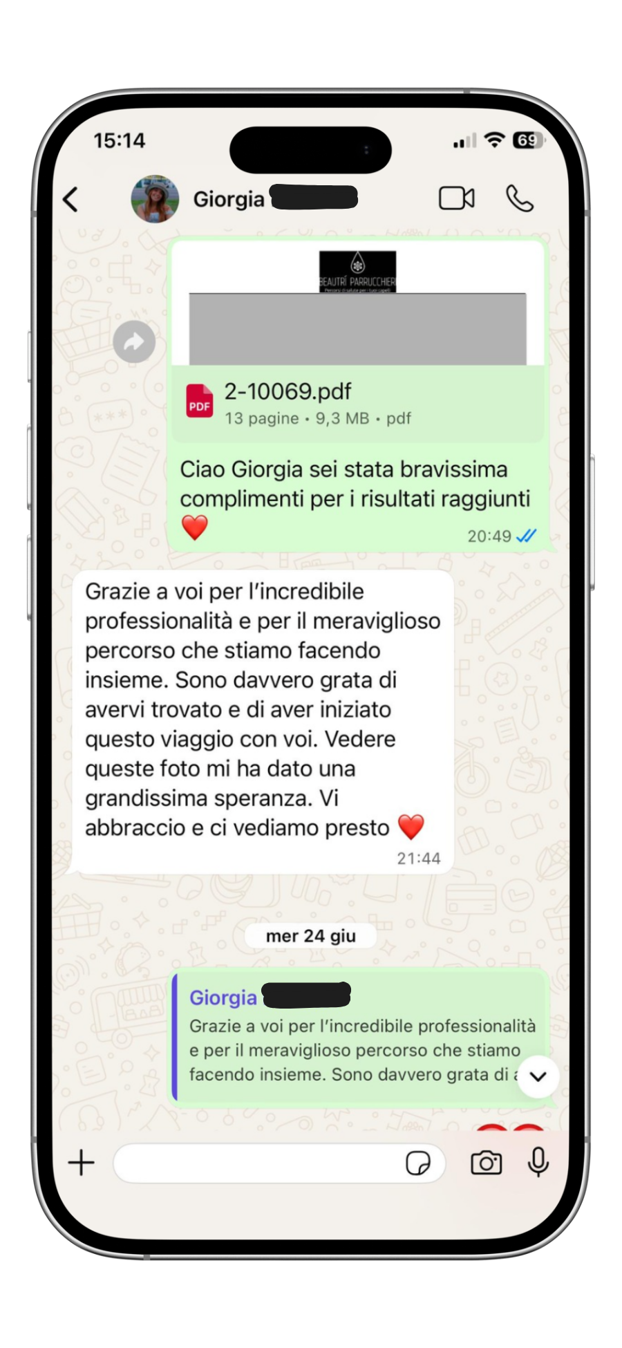 Recensione cliente Beautrì via WhatsApp