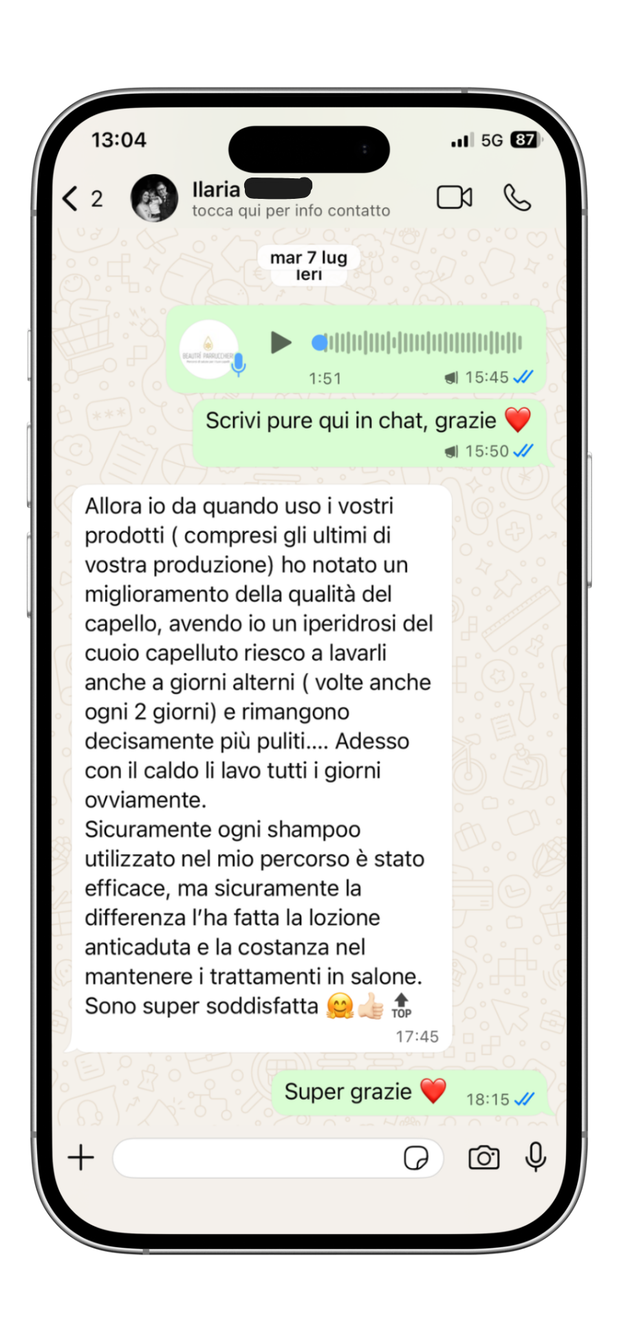 Recensione cliente Beautrì via WhatsApp