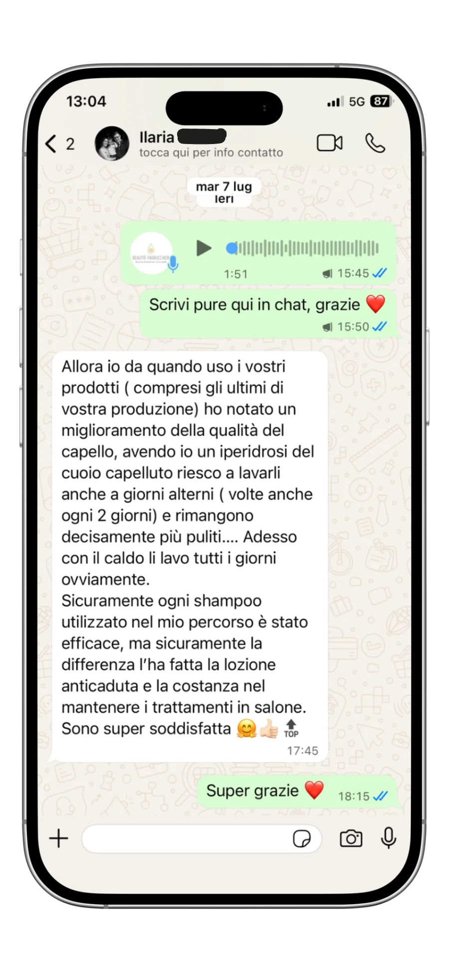 Ilaria, cliente Beautrì: recensione WhatsApp su capelli più puliti a lungo grazie alla lozione anticaduta