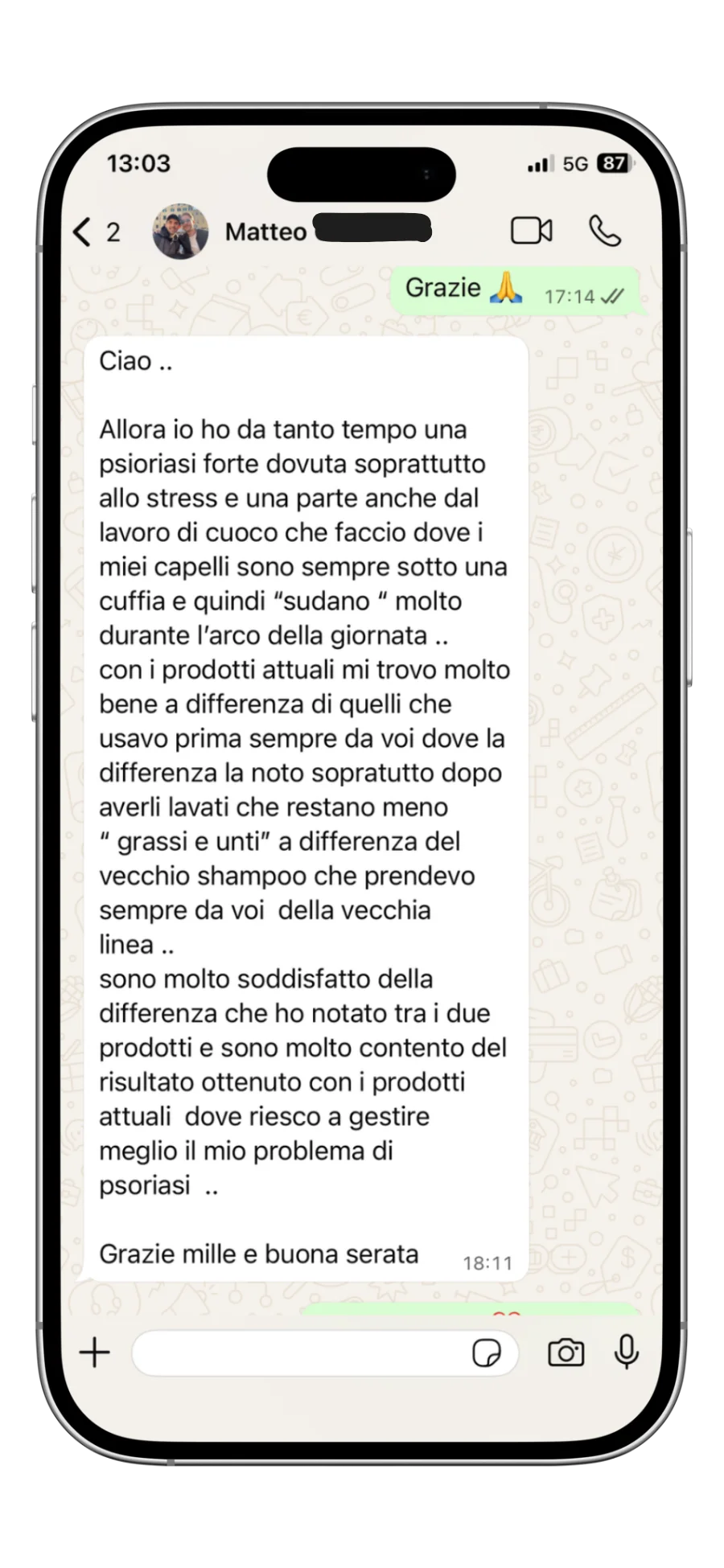 Matteo, cliente Beautrì: recensione WhatsApp su cuoio capelluto meno unto e gestione della psoriasi