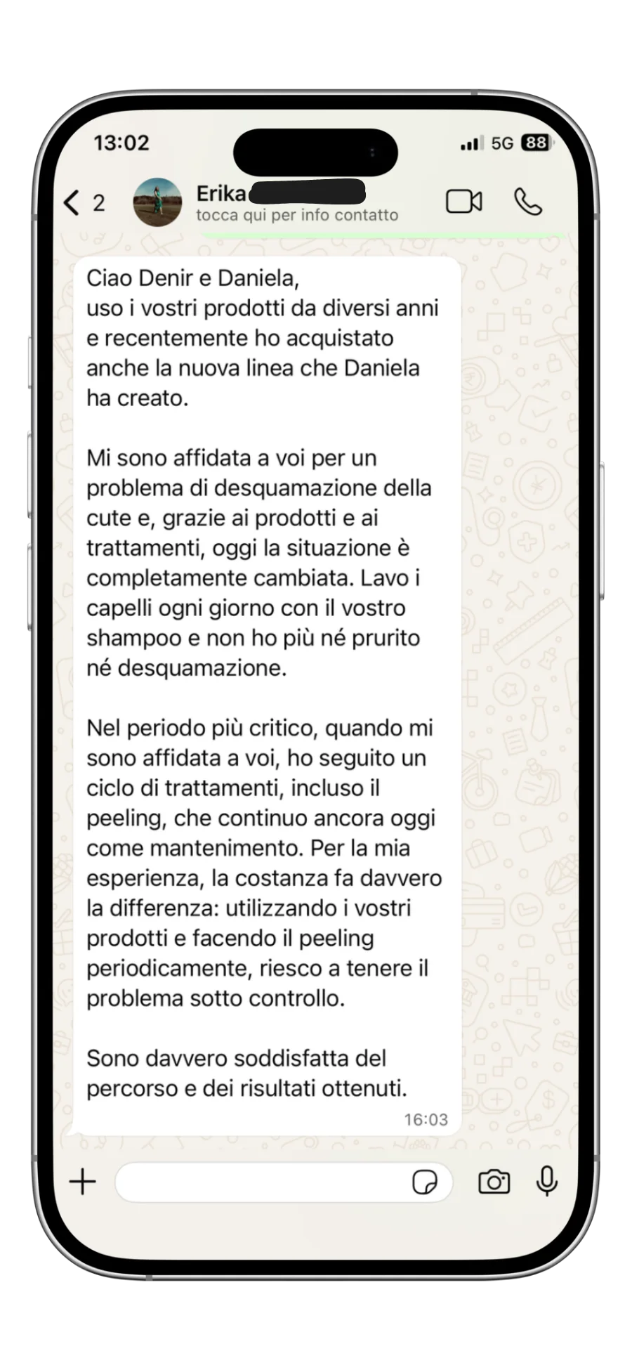 Erika, cliente Beautrì: recensione WhatsApp su fine di prurito e desquamazione della cute