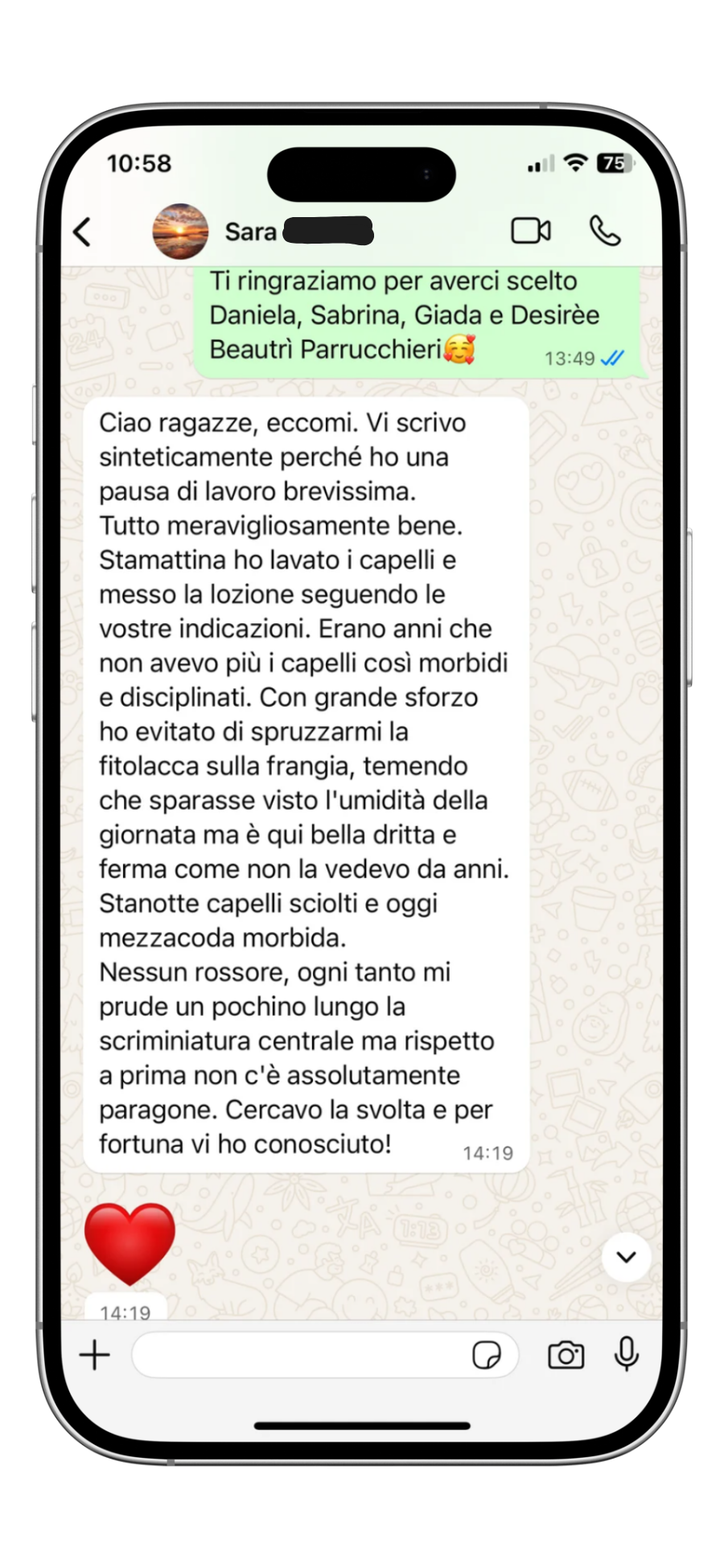 Recensione cliente Beautrì via WhatsApp