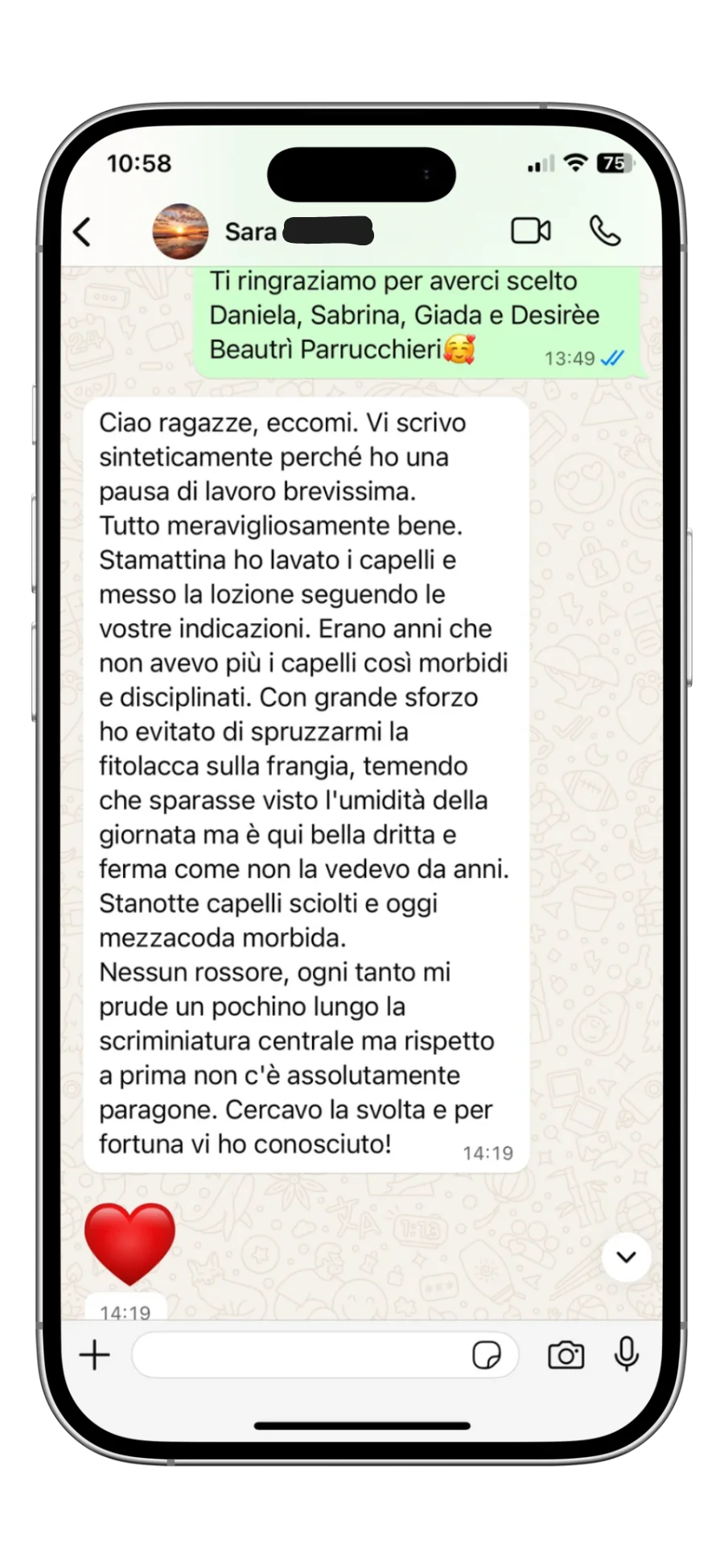 Sara, cliente Beautrì: recensione WhatsApp su capelli più morbidi e disciplinati