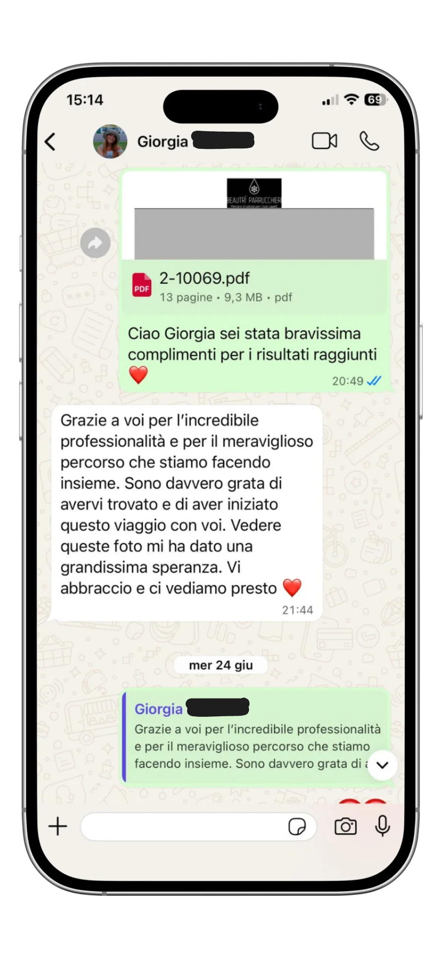 Giorgia, cliente Beautrì: recensione WhatsApp sul percorso di trattamento e i progressi ottenuti